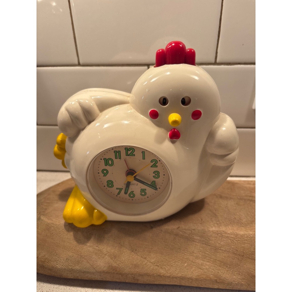 Vintage White Chicken Hen Quartz Alarm Clock Farmhouse Decor Novelty Bird Video